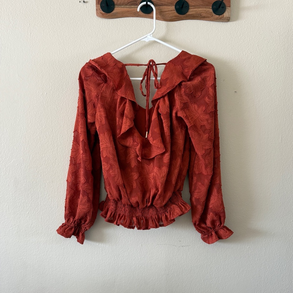 Anthropologie Burnout Floral Ruffle Smocked Blouse V Neck Whimsigoth size S - Picture 2 of 8